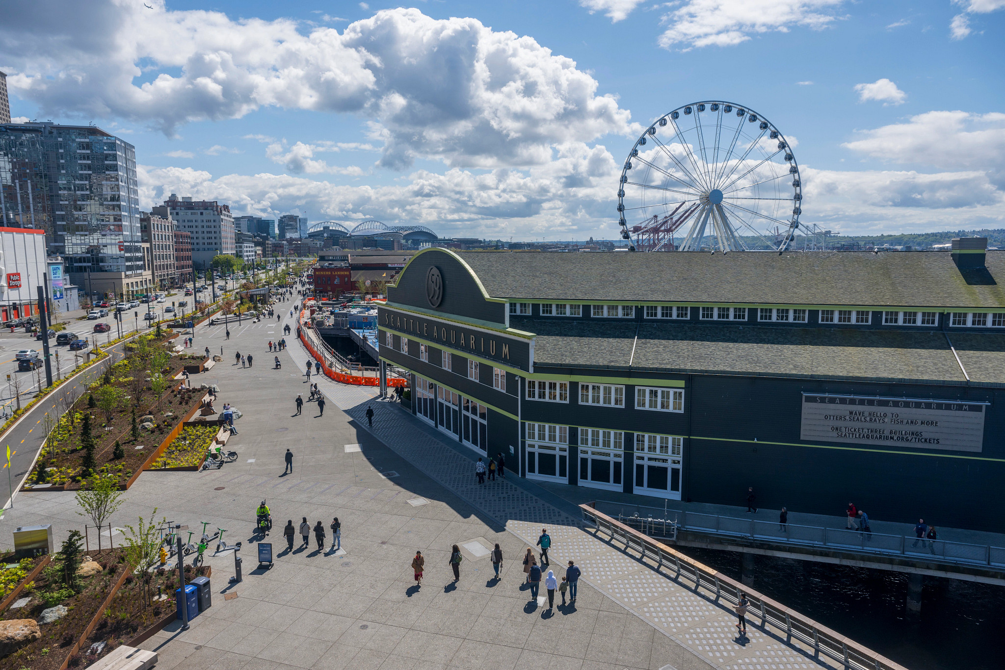 an aerial view of the Seattle Waterfront Pathway