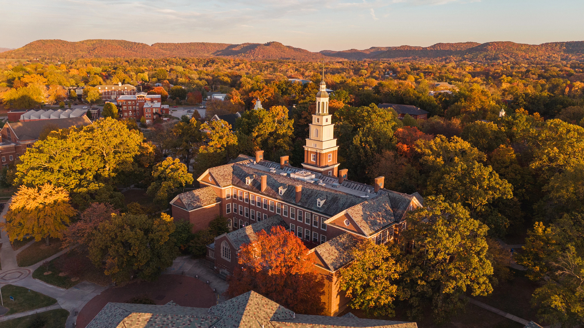 Aerial view of the town of Berea and campus of Berea College in fall