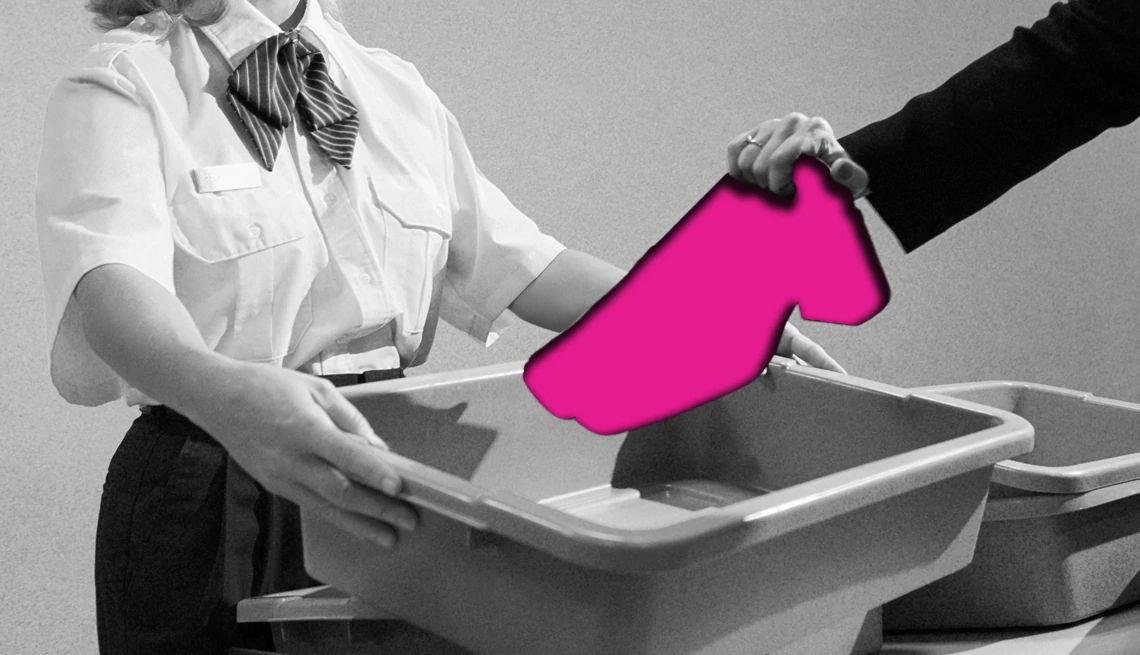 TSA Shoe Policy a shoe being put into an aiport security checkpoint bin