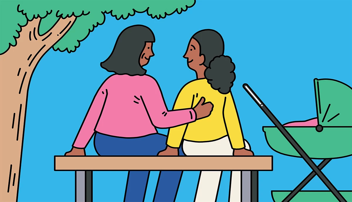  an illustration shows an adult woman and her mother on a park bench, with a baby stroller on the right