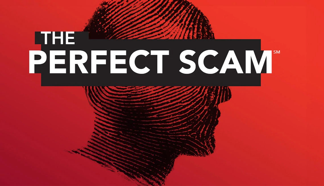 The Perfect Scam Podcast red background, fingerprint made into a human head, the perfect scam in white lettering on black background
