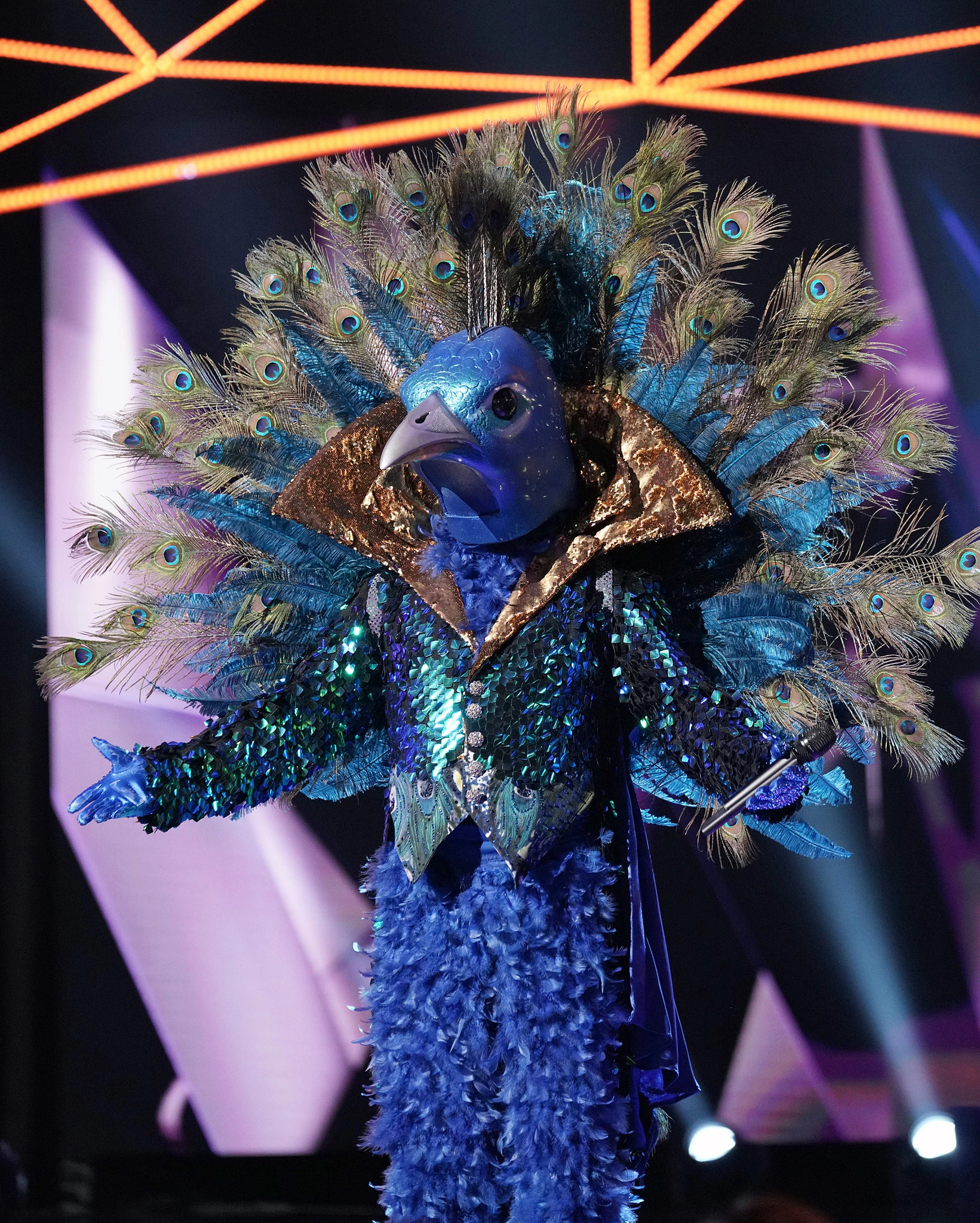 donny osmond wearing a peacock costume in a scene from an episode of the masked singer