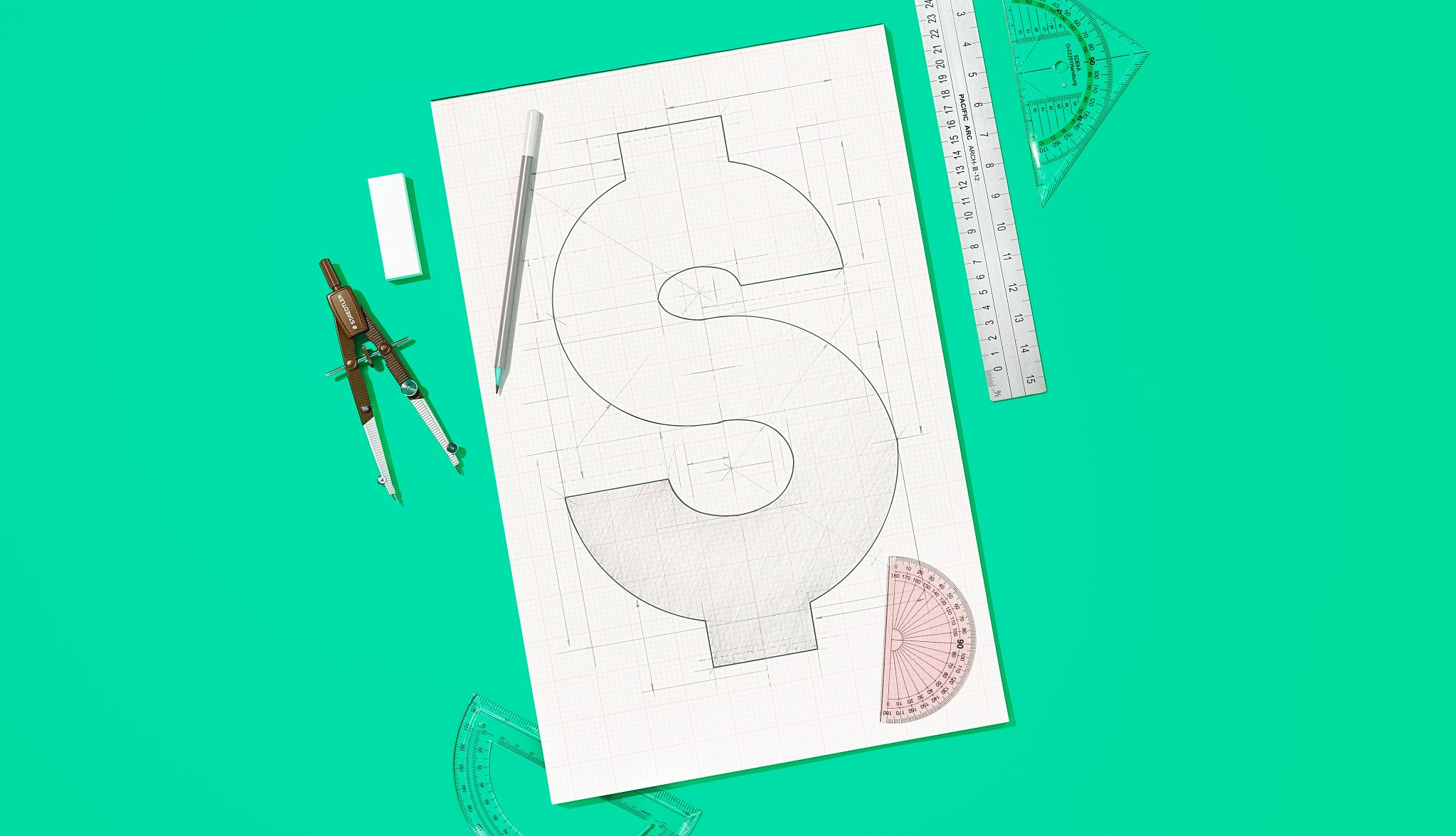 New Tax Deductions dollar sign drawn on graphing papers on a green background, surrounded by a pen, protractor, eraser and ruler.