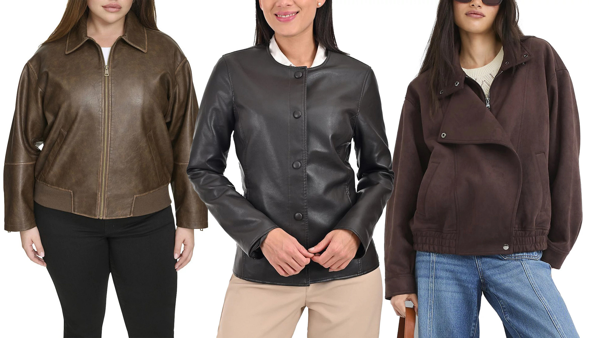 a collage with models wearing three different styles of brown leather jackets