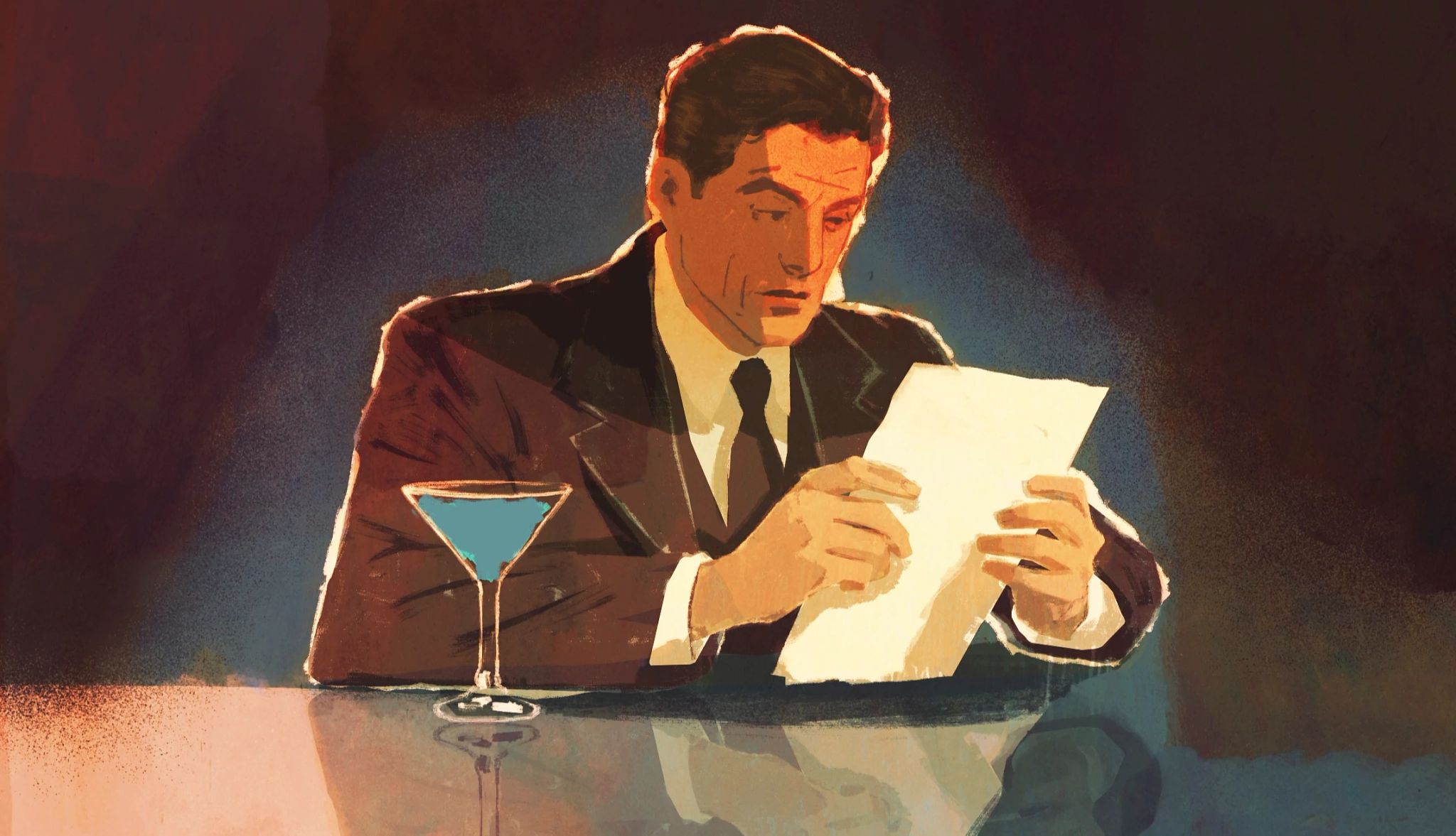 ‘The Christmas Mystery’ Chapters 20-24 An illustration of a person reading a piece of paper with a martini glass nearby