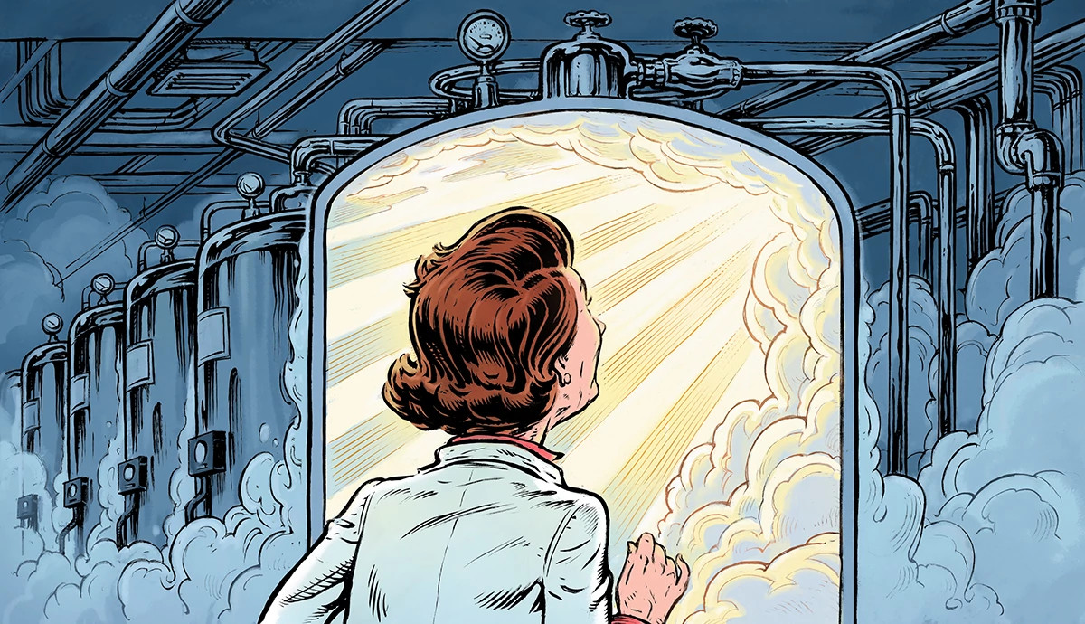 a woman looks like she is stepping into heaven inside a cryogenic chamber
