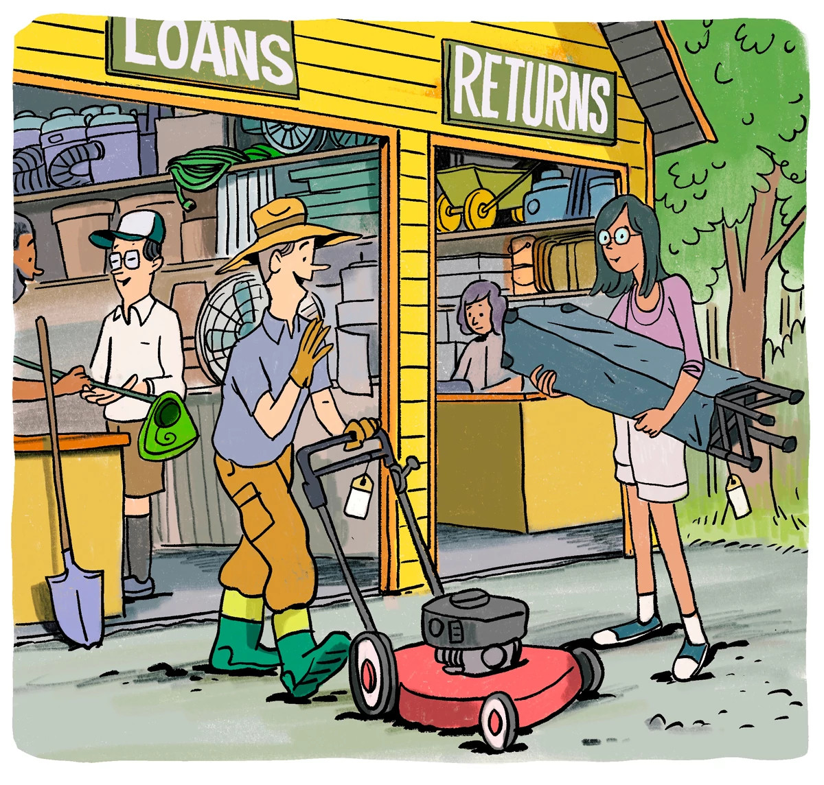 Two people greet each other as they approach a building that loans lawn equipment.