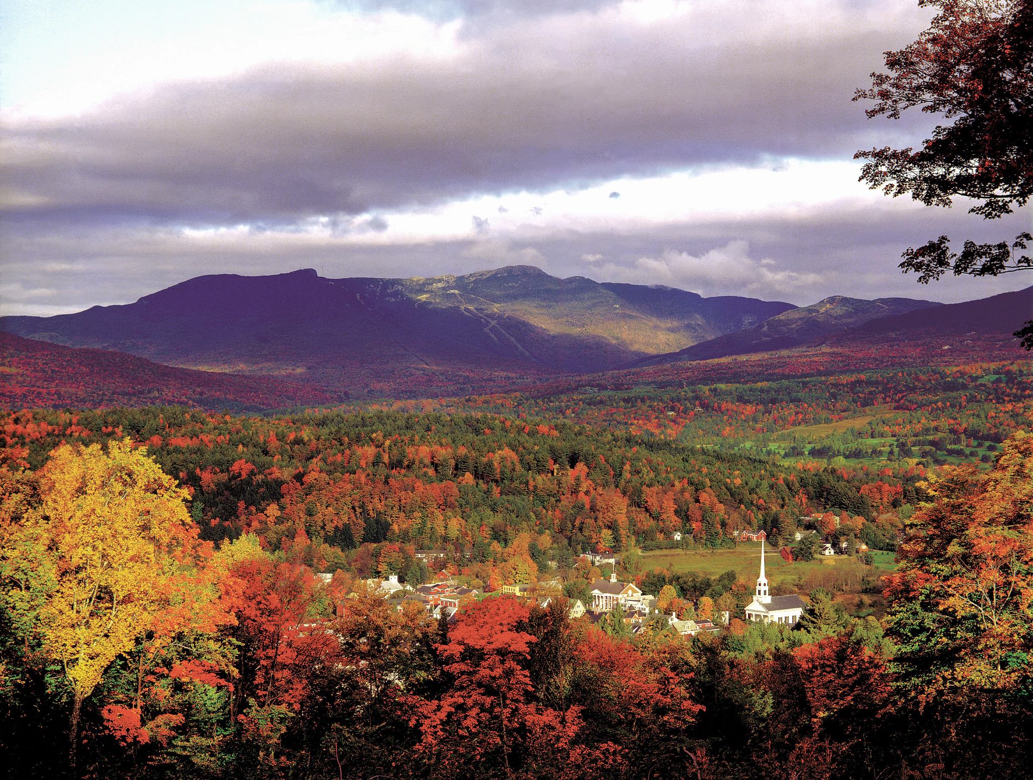 aerial view of leaves changing in Stowe, Vermont