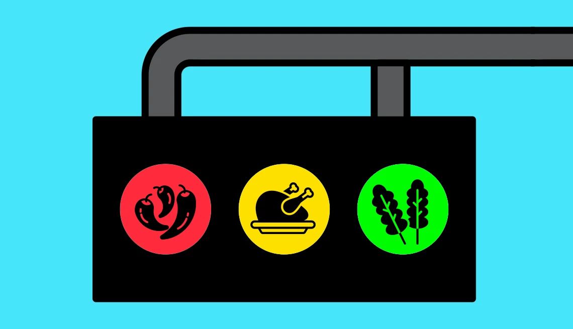 Foods for Menopause stoplight illustration with chili peppers, chicken and lettuce