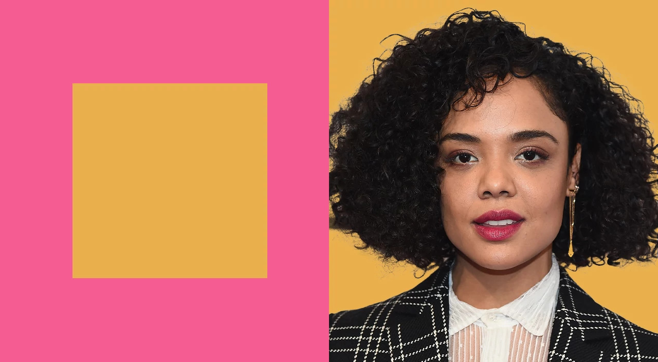 Illustration showing a shoulder-length curly hairstyle against a yellow and pink background for square face shapes