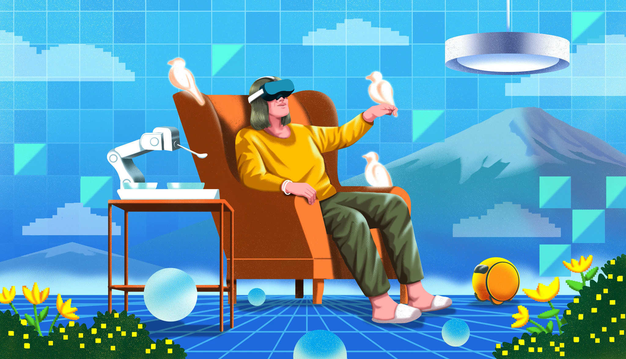 a graphic illustration shows a woman sitting in chair wearing virtual reality glasses. There are doves around her, digitized flowers, a robotic spoon and a surrounding blue grid