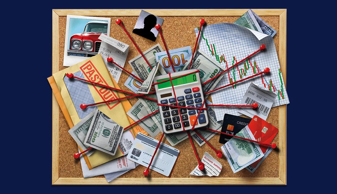 Investigate Your Finances a bulletin board with money, credit cards, bills and other money-related objects