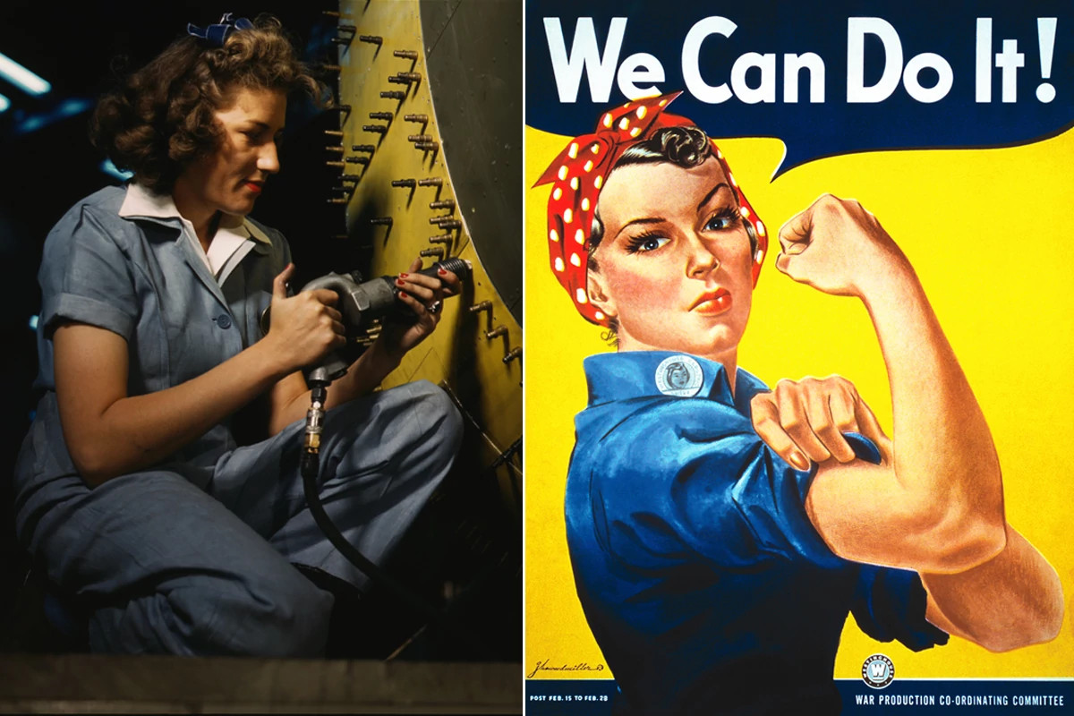 a photo and graphic illustration shows a real riveter working on a bomber in its left panel, while an illustrated Rosie the Riveter strikes a pose in the right panel