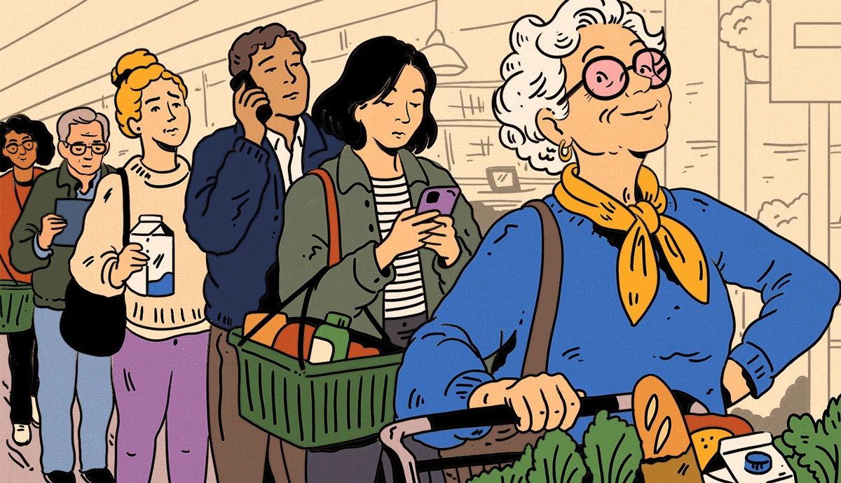 Illustration of older woman proudly standing in line at grocery store