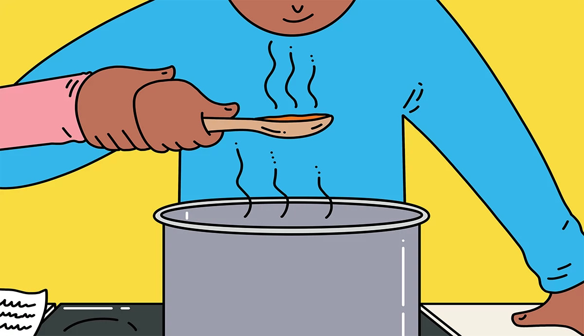 an illustration shows someone tasting food in a pot, getting help from another person