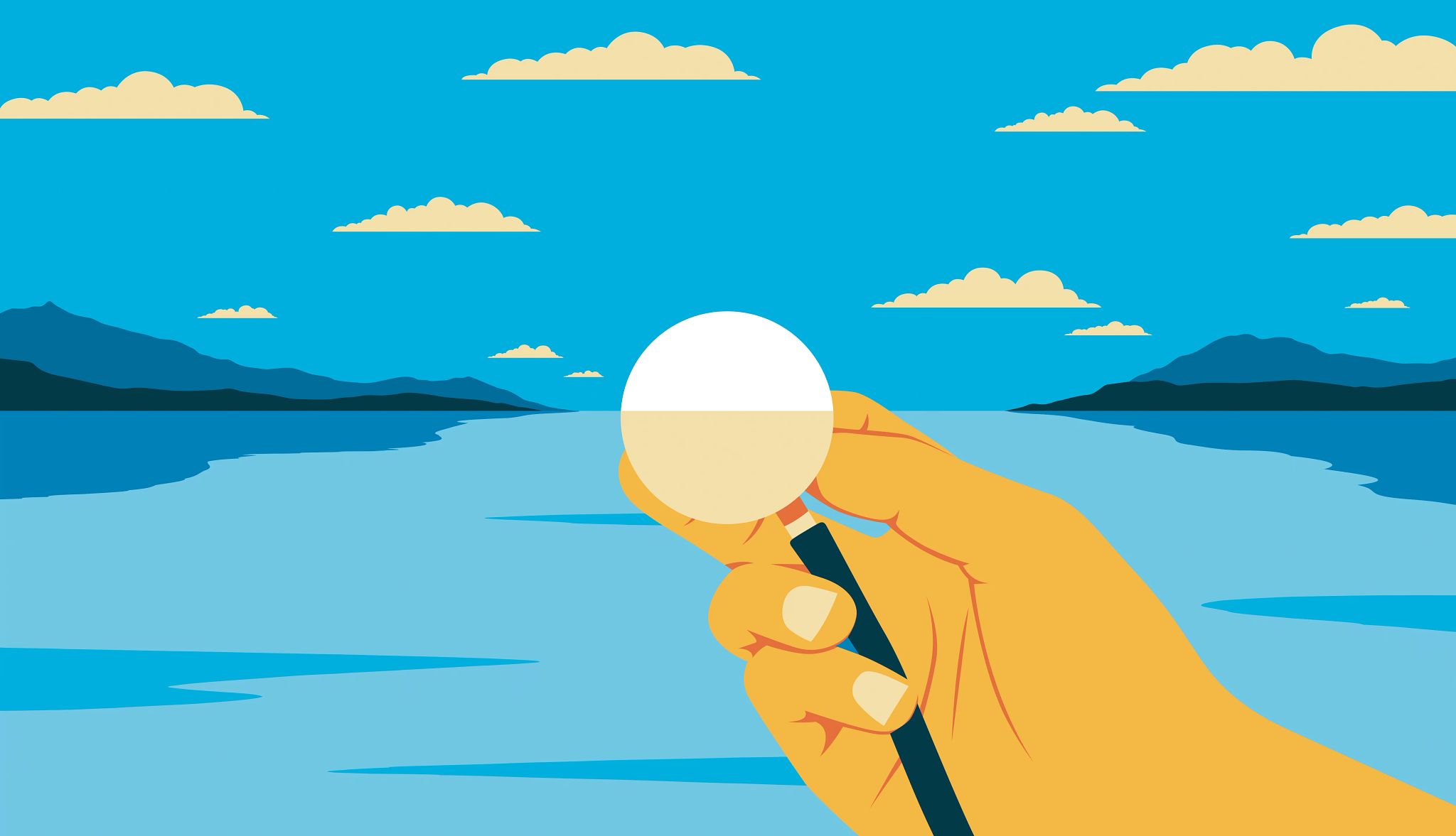 illustration of a hand holding a magnifying glass on the horizon