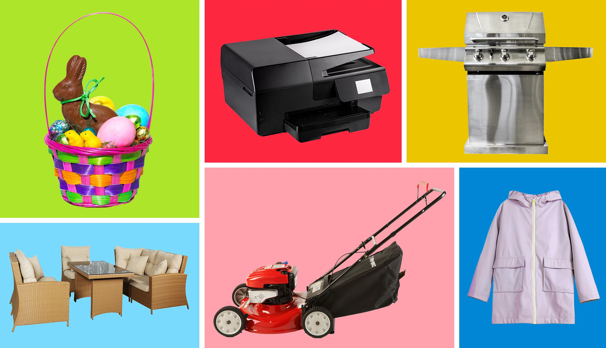 a collection of items to buy in april, including easter items, outdoor furniture, grills and more