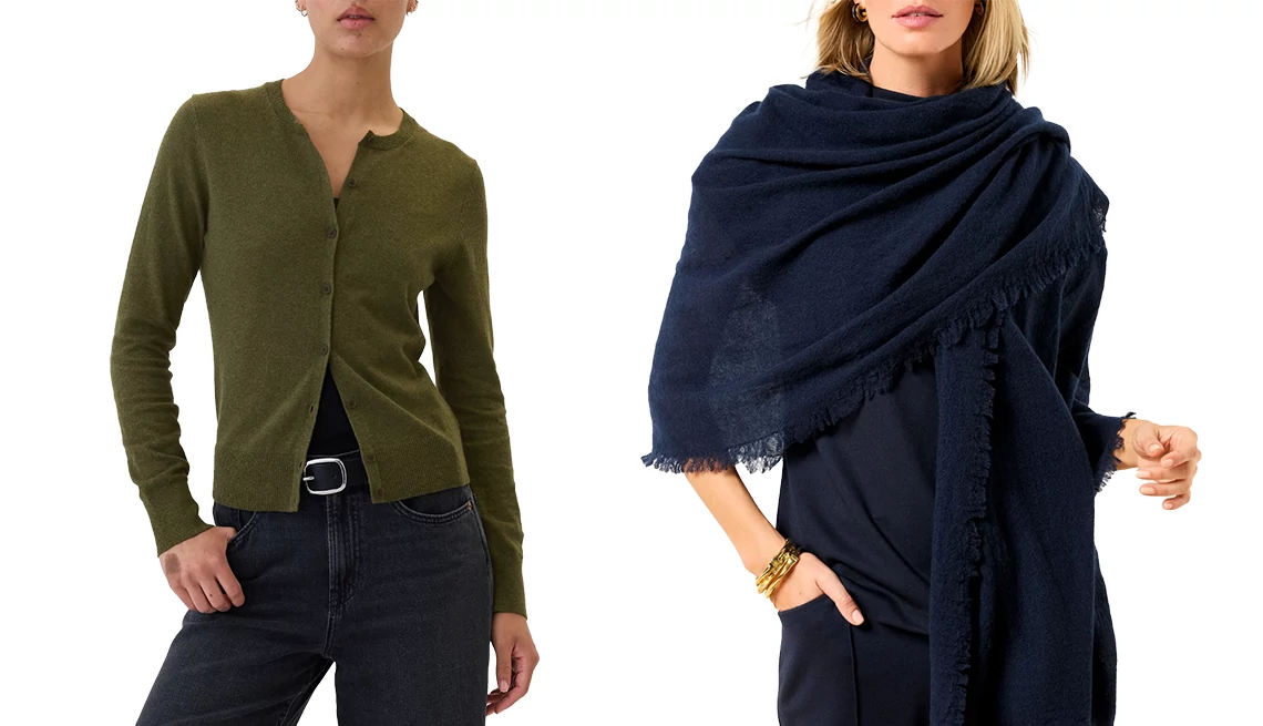 Lean into layering Gap Factory Crewneck Cardigan in Moss Heather; Talbot Fringe Wool Wrap in Indigo Blue