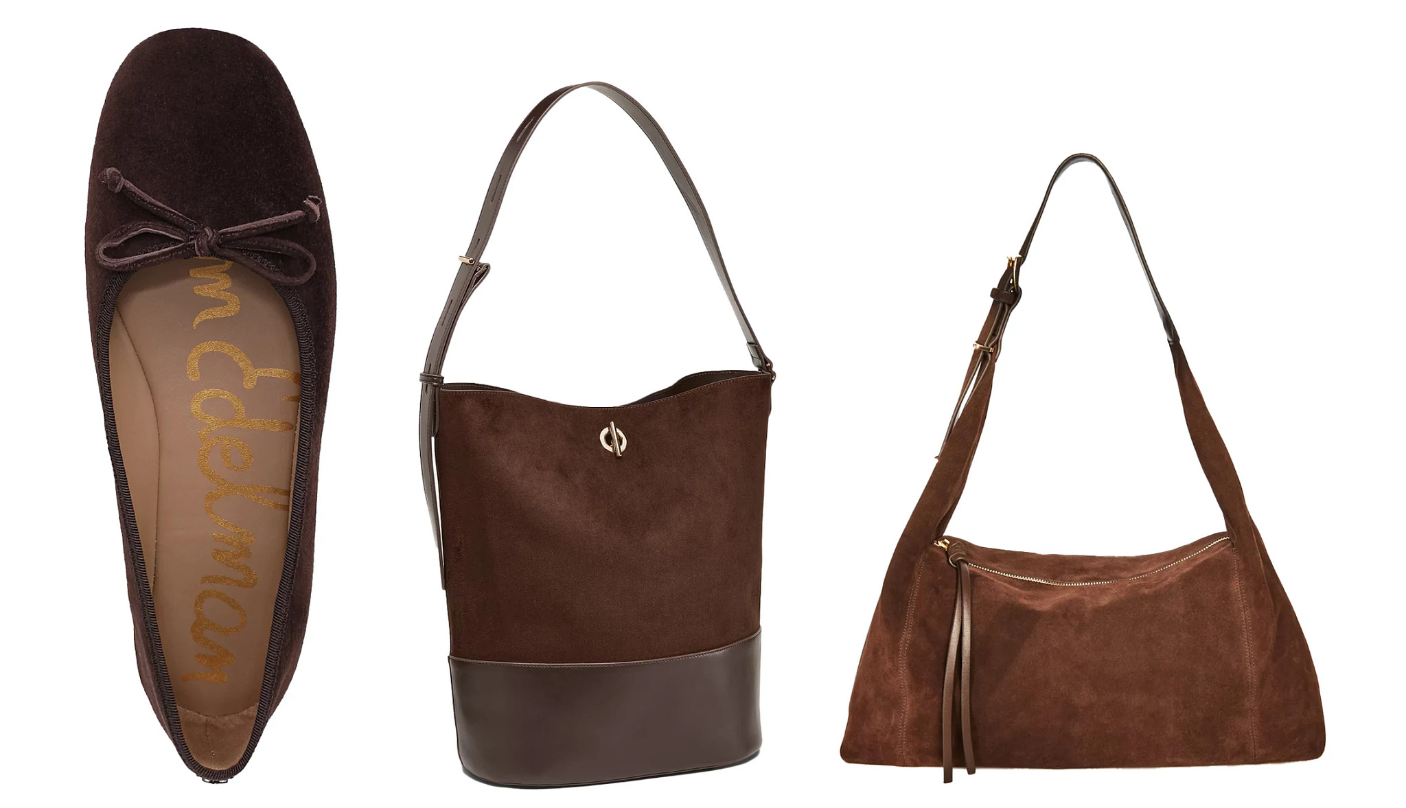 a collage with a brown suede ballet flat and two different styles of brown suede handbags
