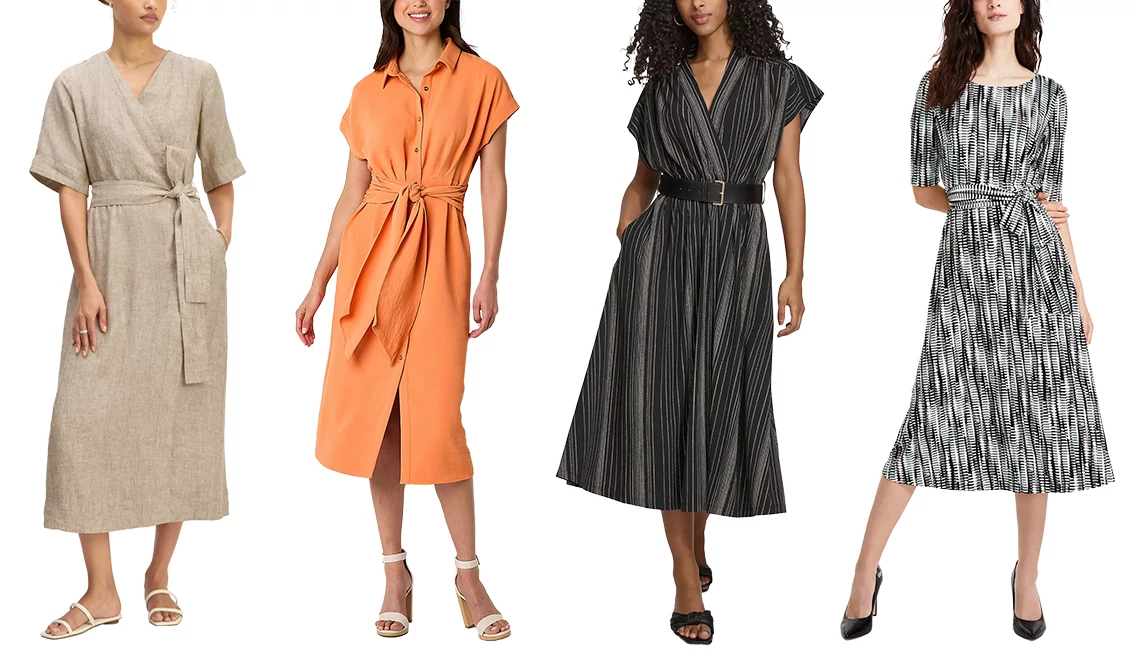 four women wearing different dresses