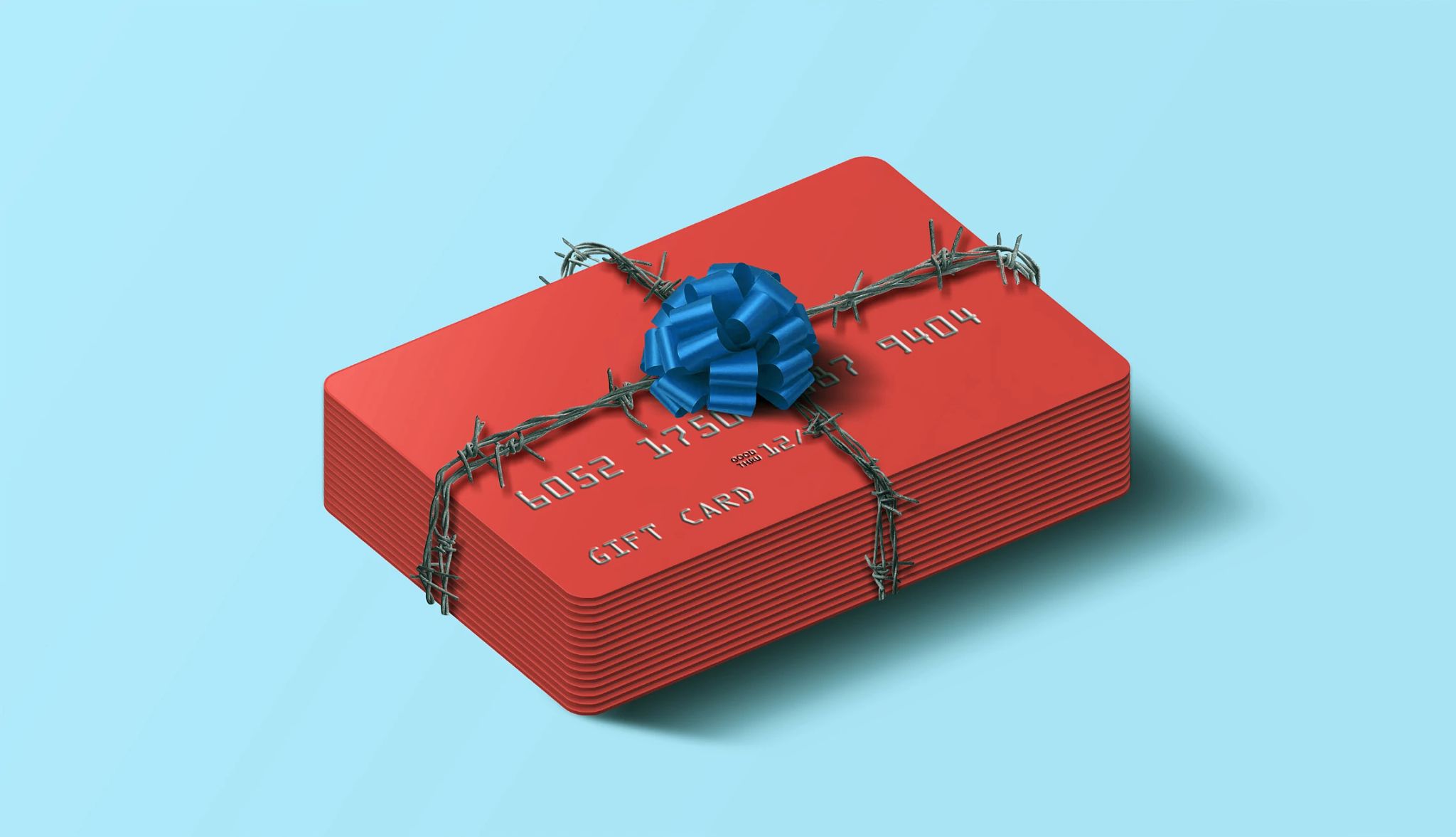 Watch out for Gift Card Scams a present wrapped in red paper with a blue bow