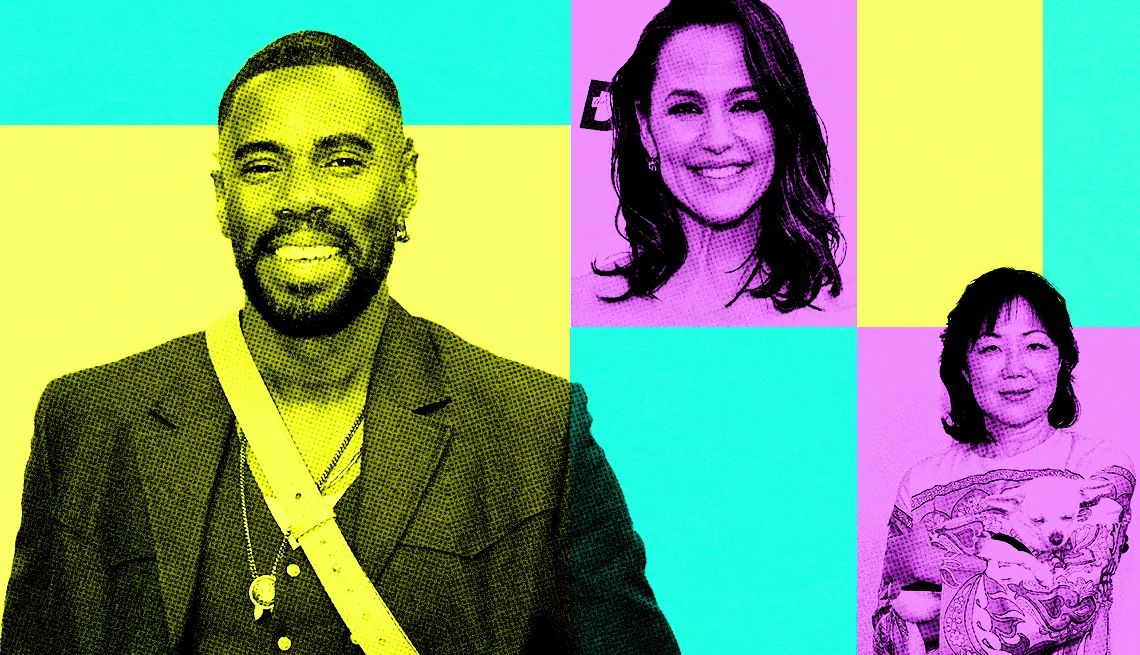 Colman Domingo, Jennifer Garner and Margaret Cho Colman Domingo, Jennifer Garner and Margaret Cho on a yellow, purple and blue background