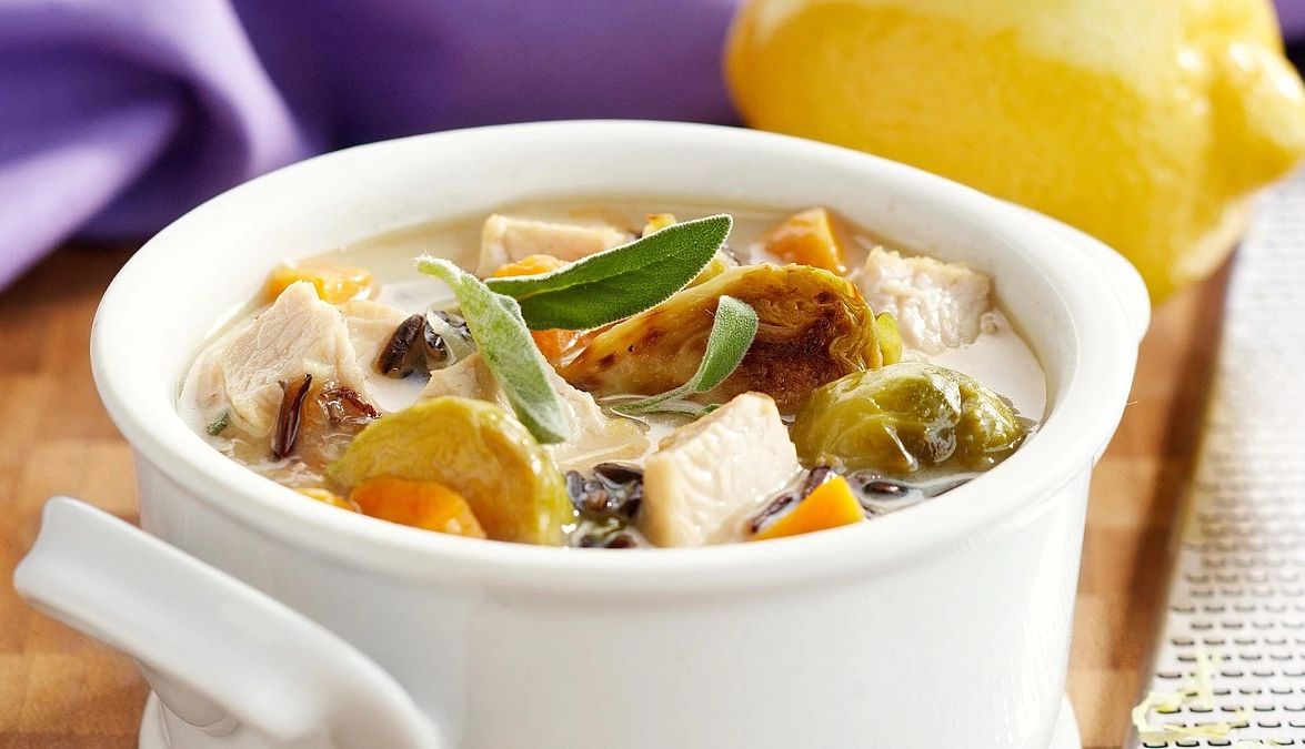 Turkey wild rice soup A close-up view of turkey wild rice soup in a bowl