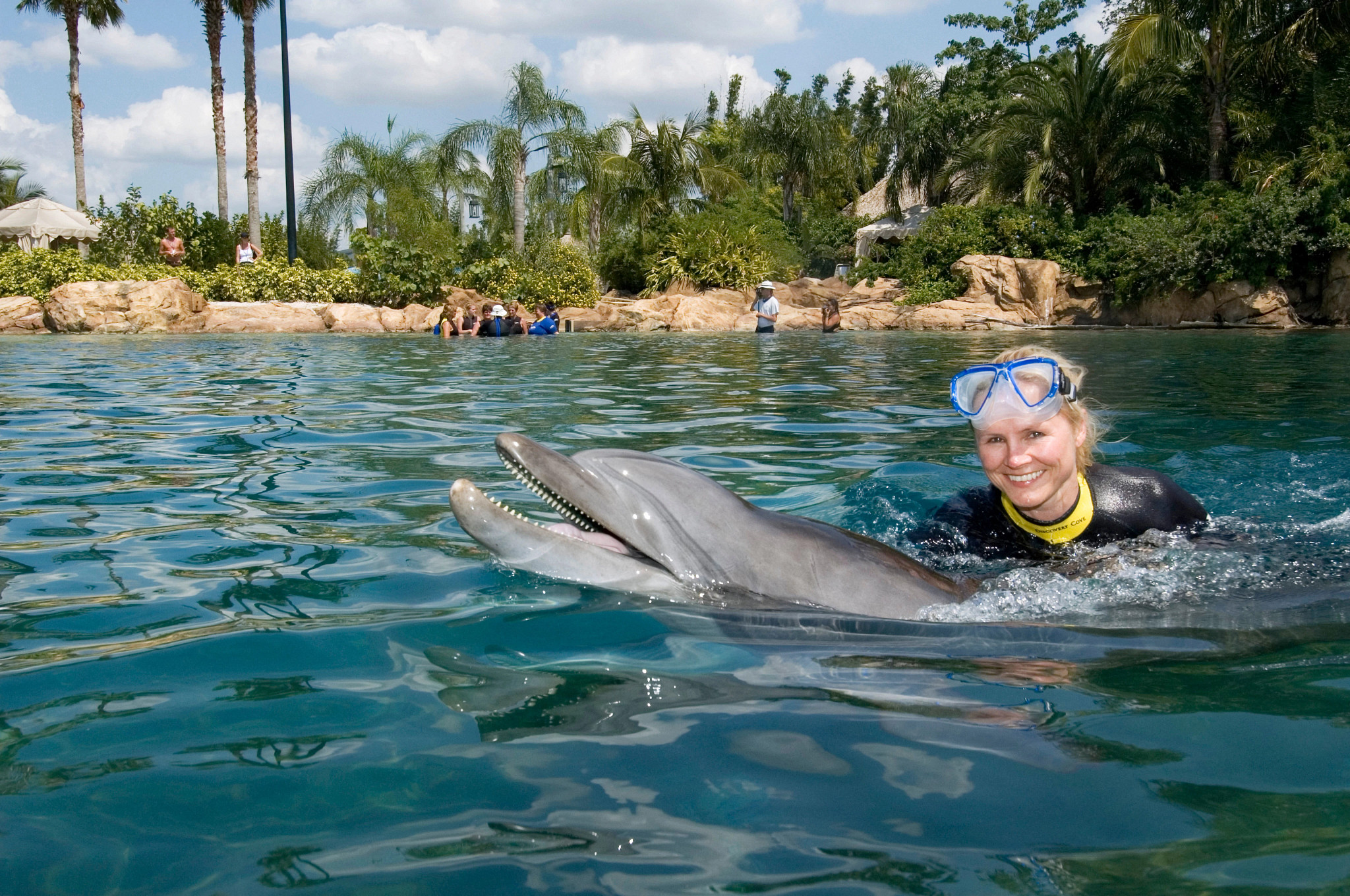 a woman poses with a dolphin in the water