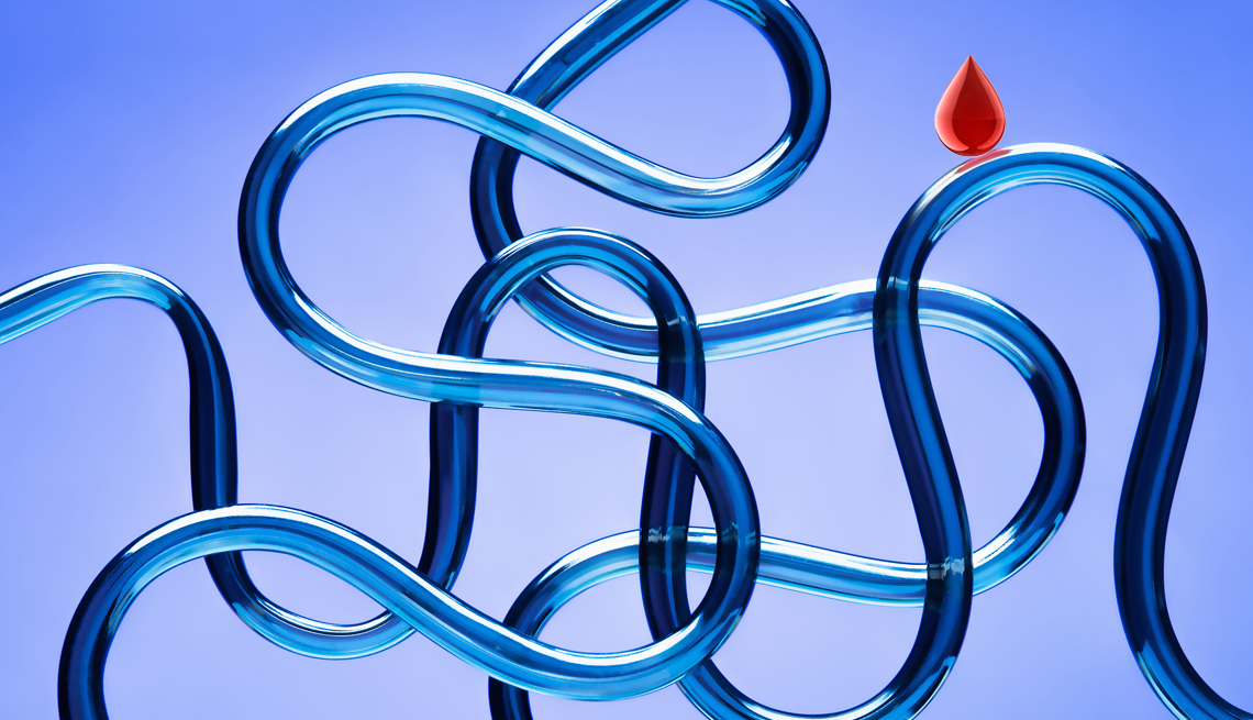 Warning Signs of Colorectal Cancer 3D drawing of a network of tubes with a droplet of blood on a blue background