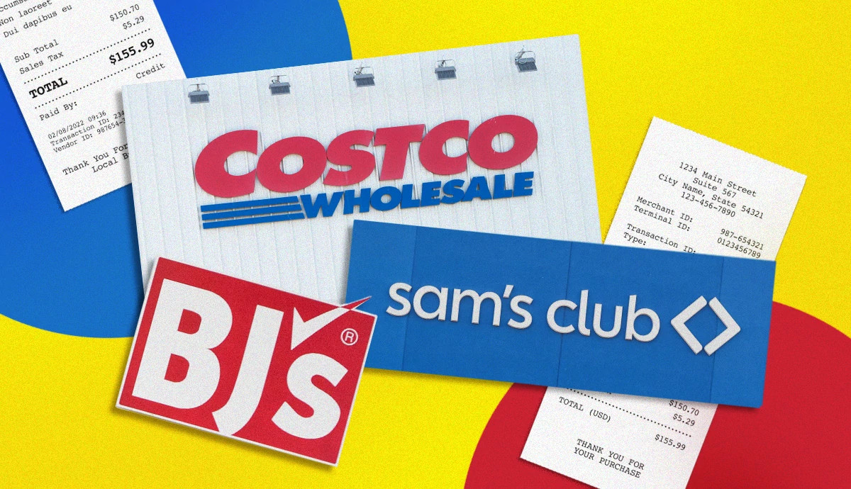 BJs, Costco and Sams Club signs next to receipts showing how much we spent at each store