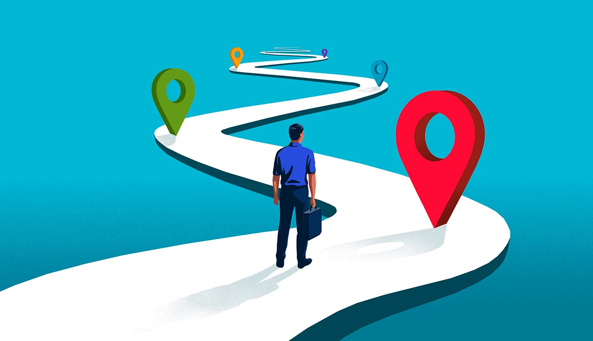 illustration of a businessman standing on a winding road checkered with location pins