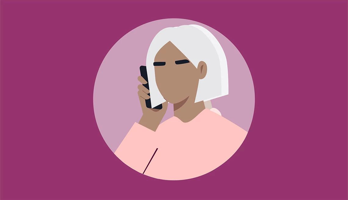 Illustration of gray-haired woman talking on cell phone on a purple background