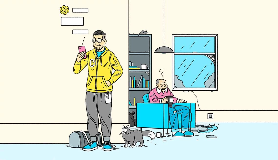 Use AI to answer caregiving questions an adult messages with a chatbot on their phone. their parent sits in a dirty home behind them