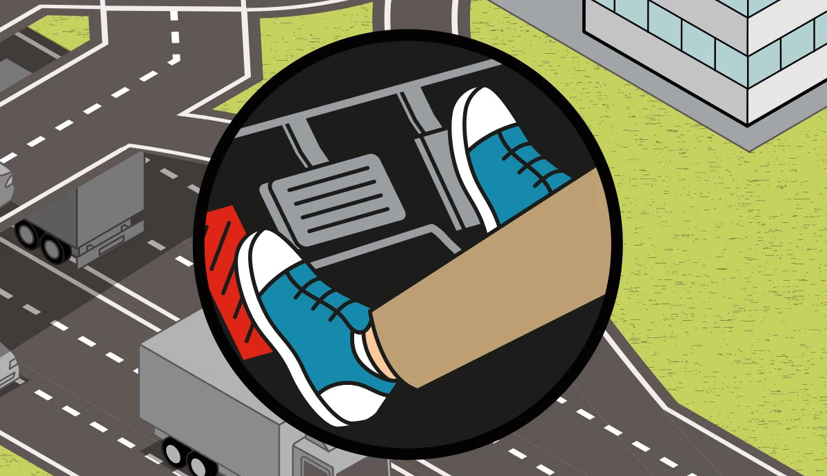 a graphic illustration with a three quarters view has an inset showing the driver’s feet on the gas pedal and the dead pedal on the left