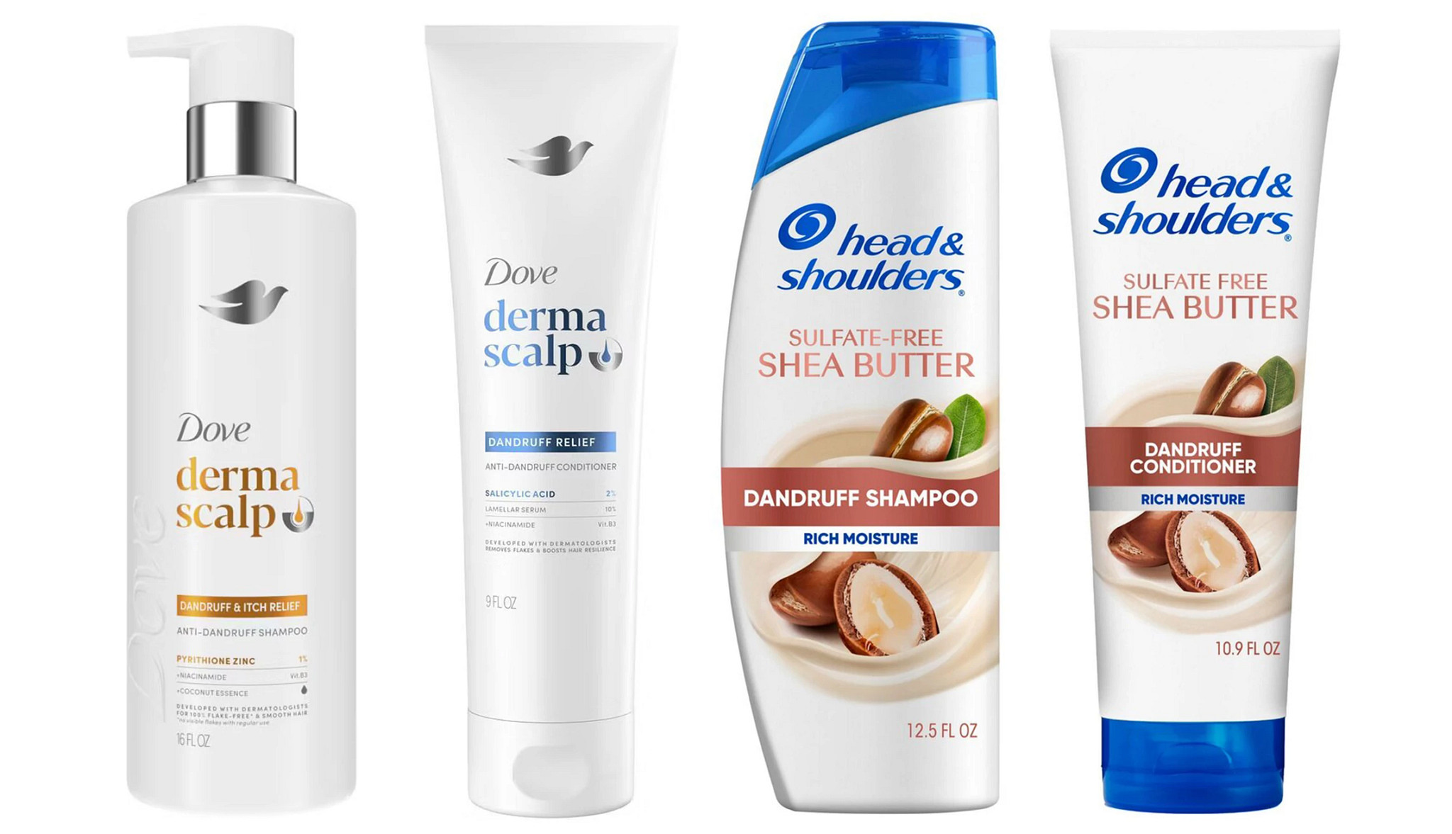 A collage with two different dandruff formula shampoos and two different complimenting conditioners