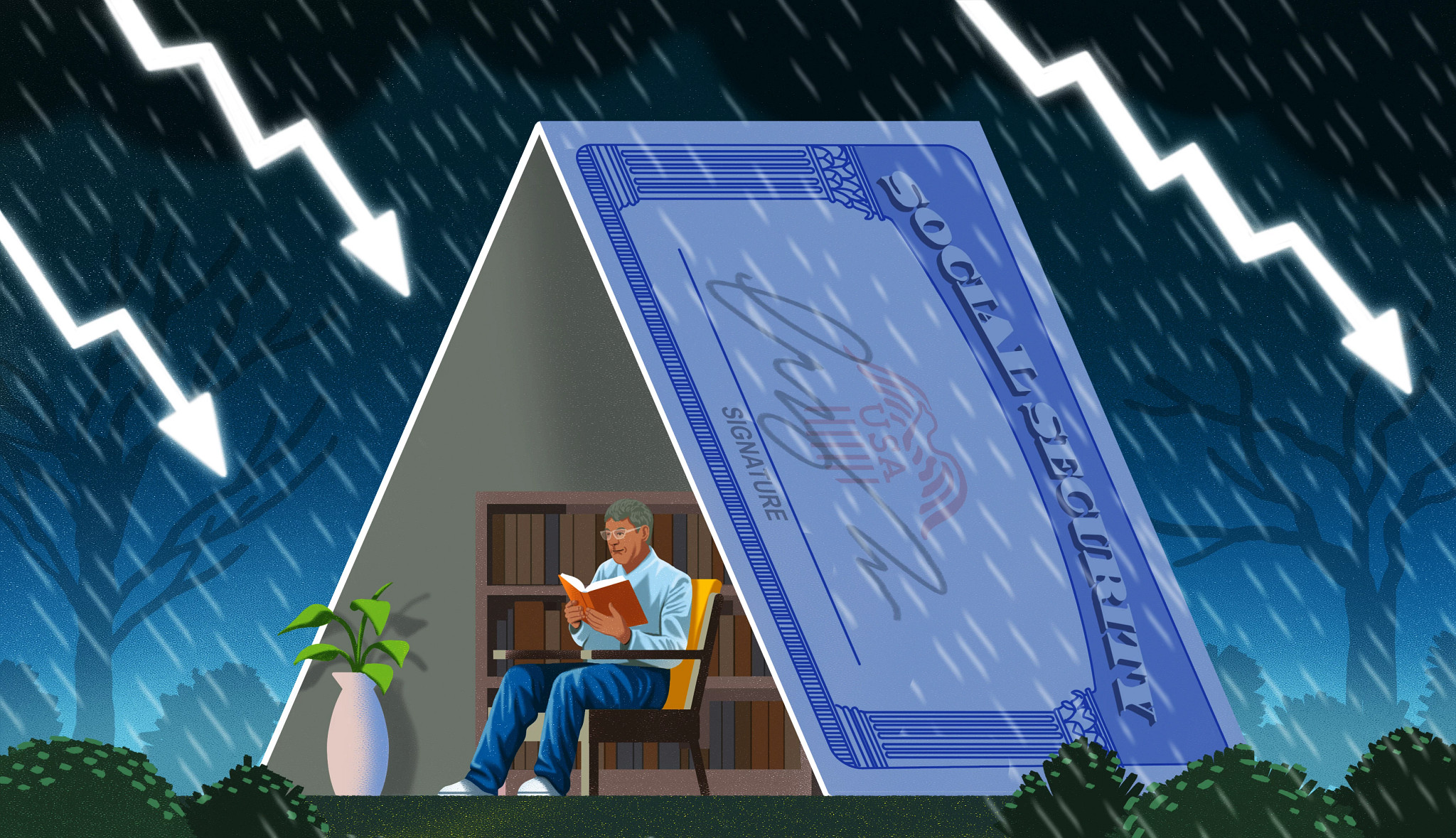 A social security card is pictured as a tent. A man sits under the card, reading a book in a chair.