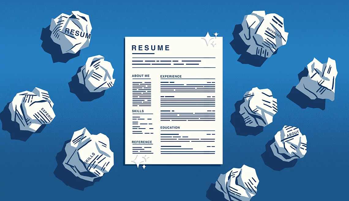 an illustration of resumes balled up around a resume in the center