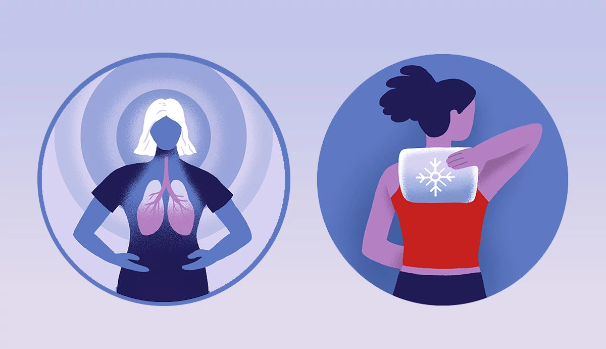 Two circular illustrations show ways to stimulate the vagus nerve: one person demonstrates deep diaphragmatic breathing with their hands on their stomach and lungs highlighted; the other person applies a cold pack with a snowflake symbol to the back of their neck.