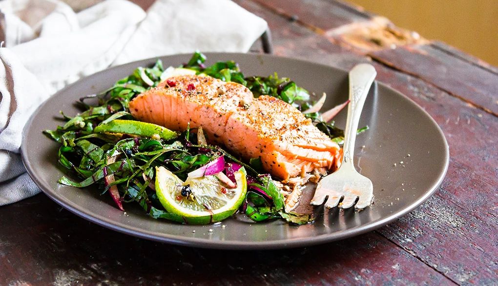 Seafood is a Mediterranean diet staple, with potential benefits for heart and brain health An up-close view of salmon fillet steak roasted with spices served with fresh salad