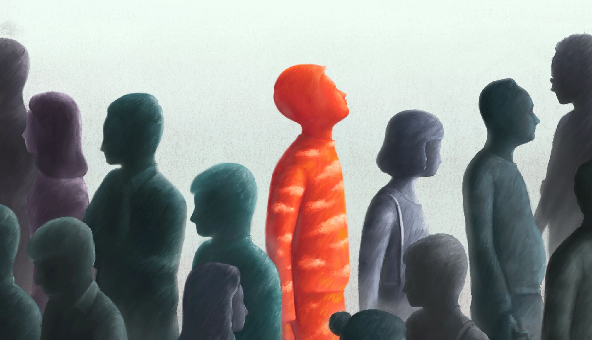 Cómo identificar la discriminación por edad en el trabajo Concepto de liderazgo, de libertad, de contraste, un hombre rojo mirando el cielo desde la multitud, ilustración de pintura surrealista