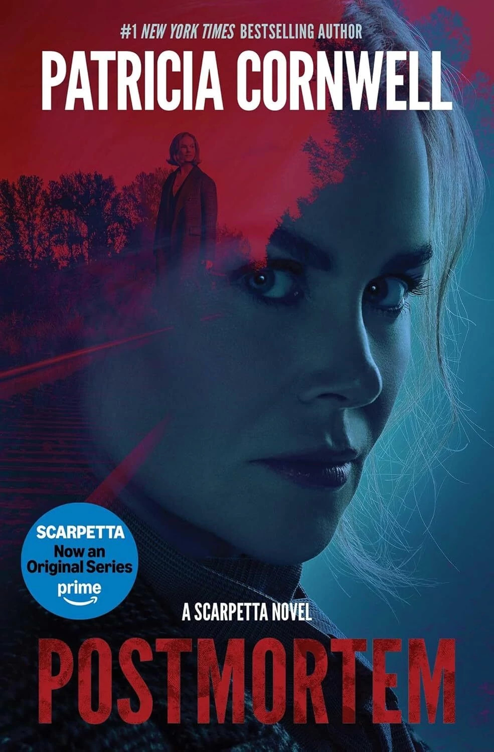 the cover of patricial cornwell's novel post mortem, featuring a photo of nicole kidman, who stars in the tv adaptation scarpetta