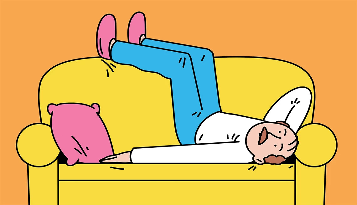 llustration of a man lying awkwardly on a bright yellow sofa with his legs propped up against the backrest