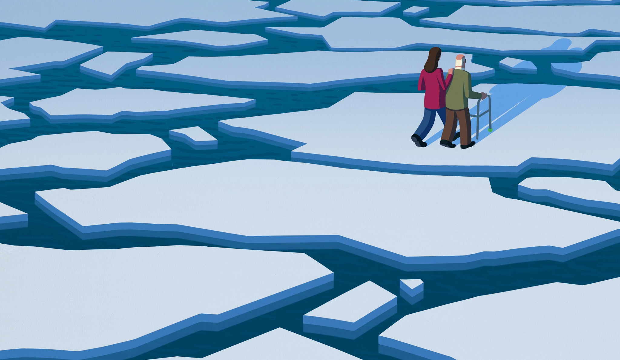 two people walking on ice that is cracked