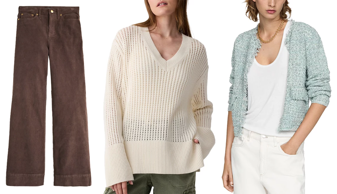 Play with textures J. Crew Wide-Leg Corduroy Trouser in Deep Chocolate; Gap Factory Relaxed Crochet V-Neck Sweater in Ivory; Mango Tweed Jacket with Frayed Ends in Aqua