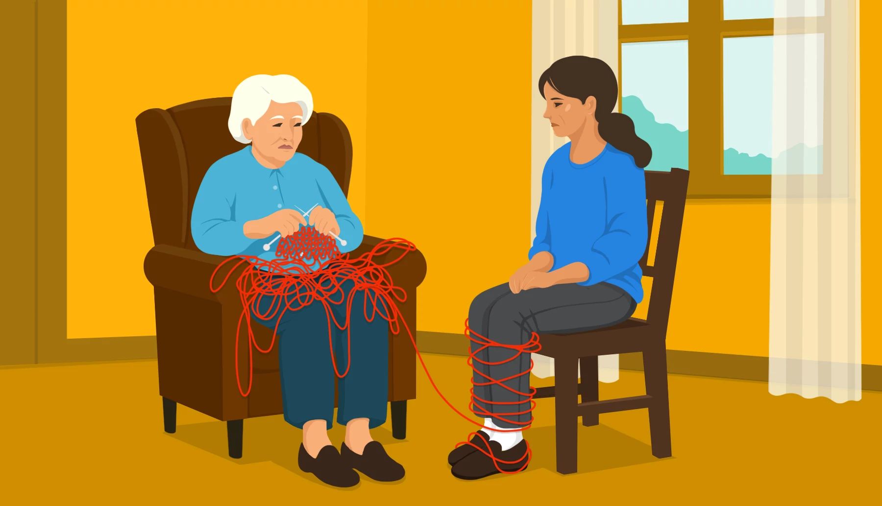 Secondhand Stress for Caregivers two people sitting in chairs with one person knitting while the red yarn wraps around the other person's legs