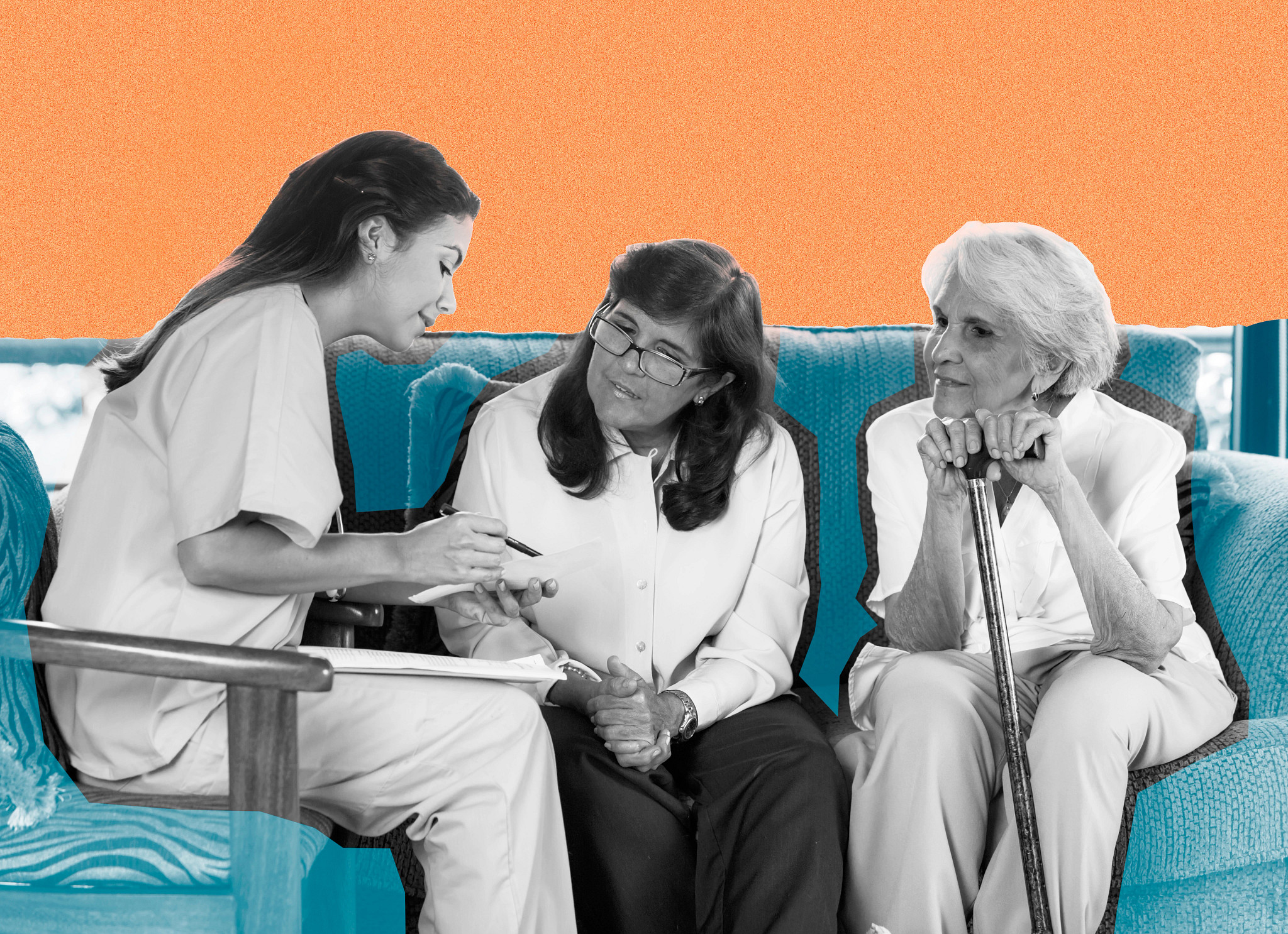 a nurse talking to two people