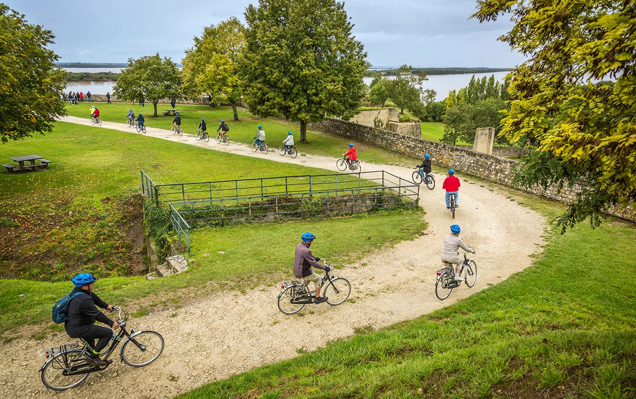 Group of active travelers cycling through a riverside park with stone walls and lake views