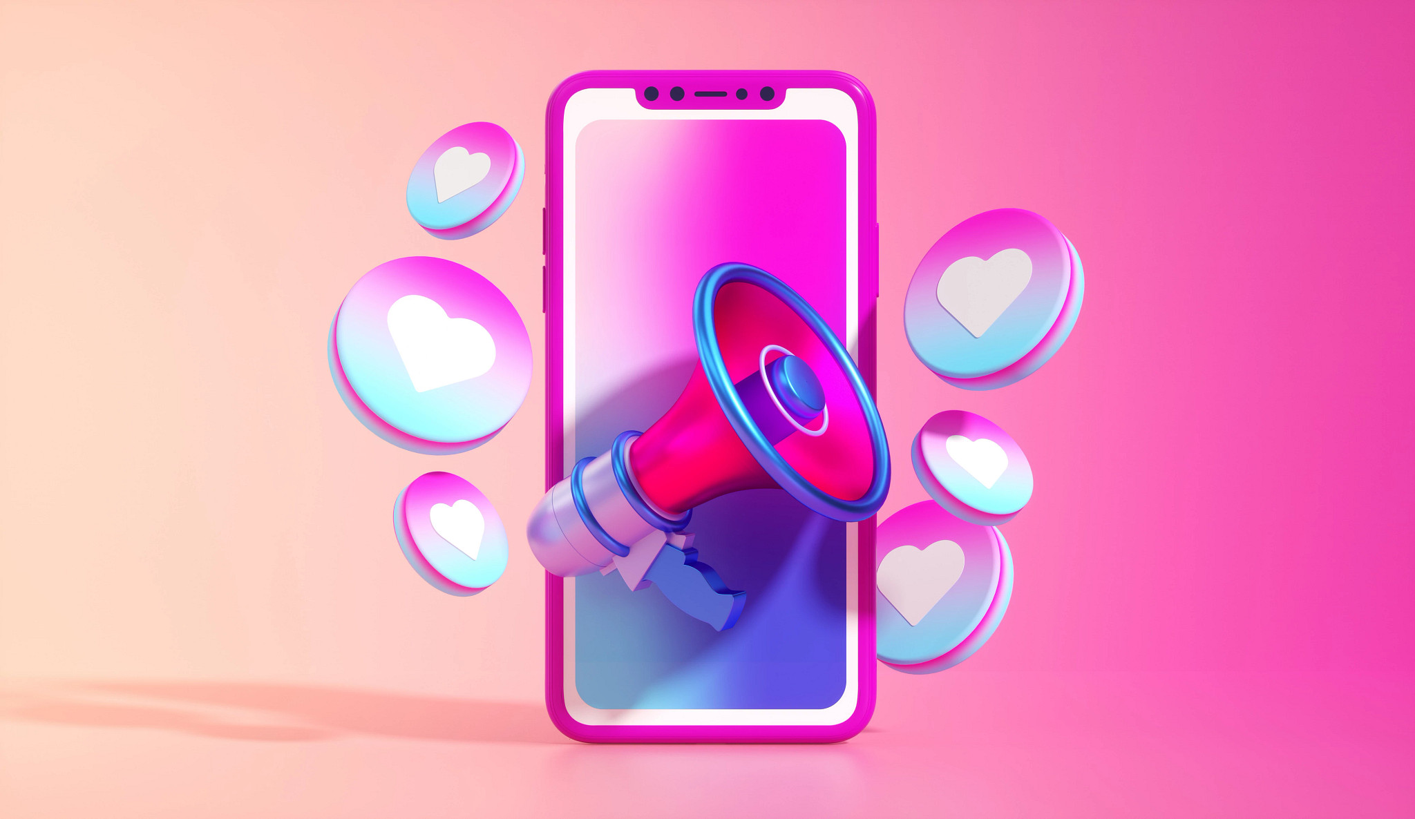 Phone on a pink background with hearts and a megaphone coming out