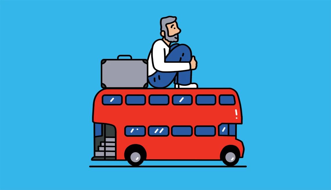 Ride public transportation like a pro Illustration of man sitting on top of red double decker bus with suitcase