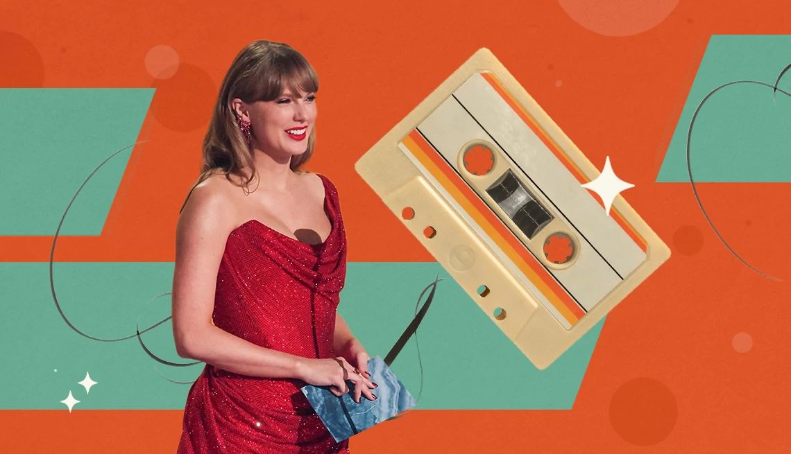 Cassette Tapes Are Back a collage with taylor swift and a vintage audio cassette tape